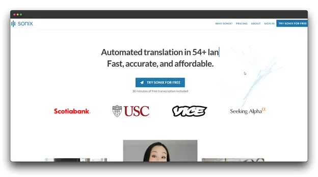 Screenshot of the Sonix homepage, promoting 'Automated translation in 54+ lan[guages]. Fast, accurate, and affordable.' The page includes logos of major clients like Scotiabank, USC, VICE, and Seeking Alpha. Keywords: AI Audio-to-Text Converter; Audio-to-Text Converter."