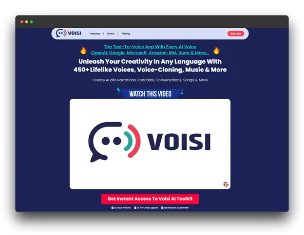 Voisi text-to-voice app homepage showcasing 450+ lifelike voices, voice cloning, music, and more, with the ability to create audio narrations, podcasts, conversations, and songs.