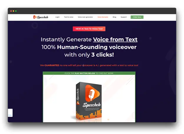 Speechelo text-to-speech software homepage advertising its ability to instantly generate human-sounding voiceovers from text with just three clicks. It guarantees undetectable AI-generated voiceovers and features a prominent play button to learn more.