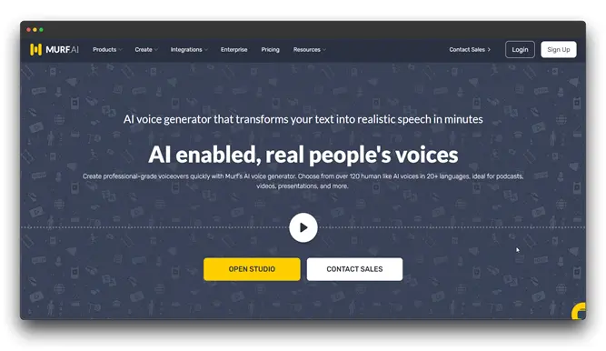 Murf AI text-to-speech homepage showcasing its AI voice generator that converts text into realistic speech in minutes. Choose from over 120 human-like AI voices in 20+ languages for podcasts, videos, presentations, and more.