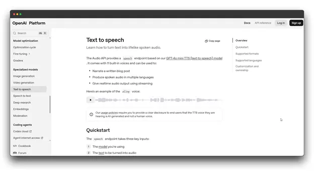 OpenAI Platform documentation page screenshot detailing the "Text to speech" Audio API, which utilizes the GPT-4o mini TTS model, outlining their advanced AI Text to Speech Software capability.



keywords " AI Text to Speech Software Tools : Best AI Text to Speech Software Tools : AI Text to Speech Software ""