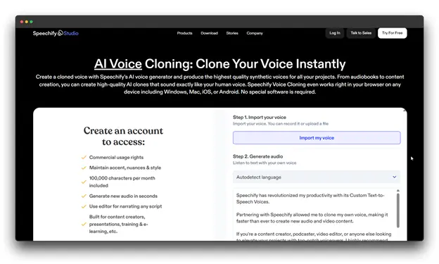 Screenshot of the Speechify Studio website homepage. The main text promotes "AI Voice Cloning: Clone Your Voice Instantly" with steps for importing and generating voice, identifying it as a powerful piece of Voice Cloning Software. Voice Cloning Software ; Best Voice Cloning Software; Voice Cloning