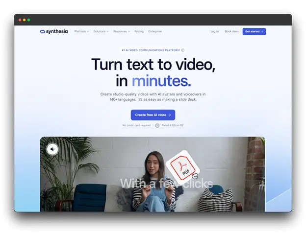 Synthesia text-to-video AI platform homepage, offering to create studio-quality videos with AI avatars and voiceovers in 140+ languages. Easily create videos like making a slide deck.