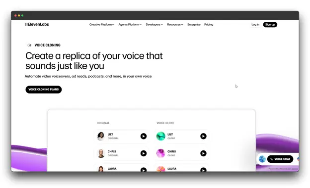 Screenshot of the ElevenLabs website homepage under the Voice Cloning section. The headline reads: "Create a replica of your voice that sounds just like you," with examples of original and cloned voices, affirming its status as a leading Best Voice Cloning Software provider.Voice Cloning Software ; Best Voice Cloning Software; Voice Cloning