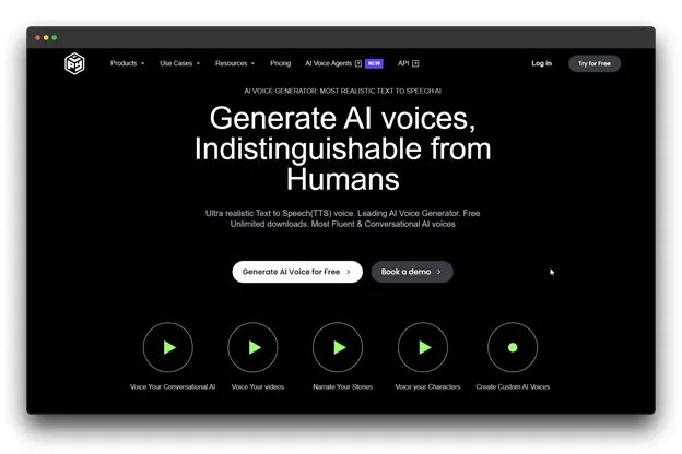 Resemble AI text-to-speech homepage showcasing its AI voice generator that creates human-like voices. It features ultra-realistic text-to-speech technology, unlimited downloads, and a variety of voice options. Users can generate AI voices for free or book a demo.