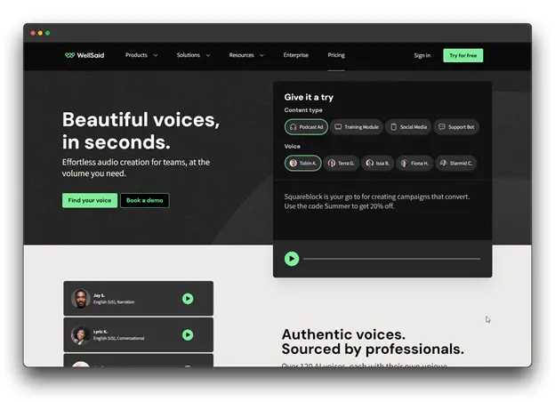 WellSaid Labs homepage showcasing its AI text-to-speech platform for creating high-quality audio content quickly and easily. It features a variety of voice options and a demo to try. The homepage also highlights the platform's use cases, such as podcasting and social media content creation.
