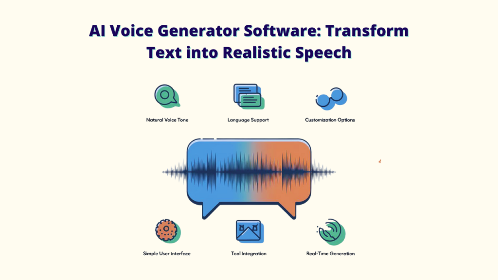 AI Voice Generator Software: Transform Text into Realistic Speech. The image features a speech bubble with a soundwave inside, surrounded by icons representing natural voice tone, language support, customization options, simple user interface, tool integration, and real-time generation.