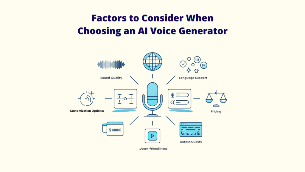 Factors to Consider When Choosing an AI Voice Generator. An infographic with a microphone at the center, connected to icons representing sound quality, language support, customization options, pricing, output quality, and user-friendliness.