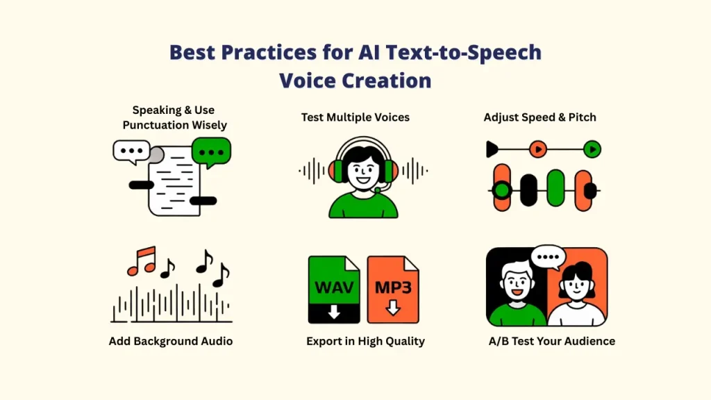 graphic illustrating "Best Practices for AI Text-to-Speech Voice Creation" with icons for tone, speed, and audience, guiding users on using AI Text to Speech Software Tools.  keywords " AI Text to Speech Software Tools : Best AI Text to Speech Software Tools : AI Text to Speech Software ""