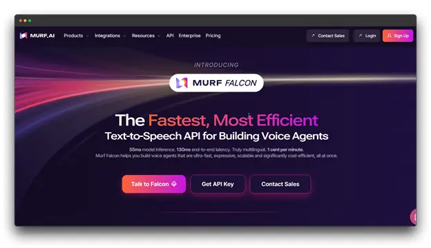 Screenshot of the Murf AI website homepage, featuring the Murf Falcon Text-to-Speech API. The main headline advertises: "The Fastest, Most Efficient Text-to-Speech API for Building Voice Agents." Murf AI is a popular Voice Cloning Software tool.