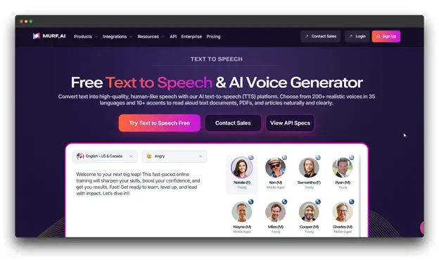 Murf.AI website screenshot offering "Free Text to Speech & AI Voice Generator," demonstrating a wide selection of realistic voices and language options in their Best AI Text to Speech Software Tools platform.



keywords " AI Text to Speech Software Tools : Best AI Text to Speech Software Tools : AI Text to Speech Software ""