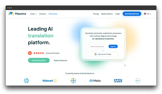Screenshot of the Maestra website homepage, promoting a "Leading AI translation platform." The text mentions generating transcripts, subtitles & voiceovers with cutting-edge AI technology, which often includes Voice Cloning features, making it a relevant Voice Cloning Software platform. Voice Cloning Software ; Best Voice Cloning Software; Voice Cloning
