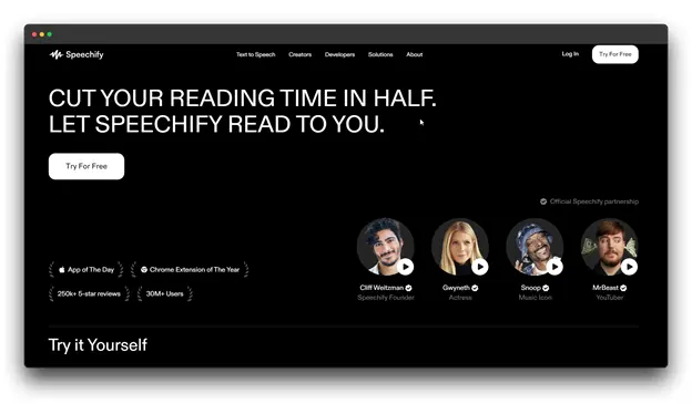Speechify text-to-speech app homepage advertising the ability to cut reading time in half with its AI-powered text-to-speech feature. It highlights awards like "App of the Day" and "Chrome Extension of the Year," and features testimonials from Caff Weitzman, Gwyneth Paltrow, and Snoop Dogg.