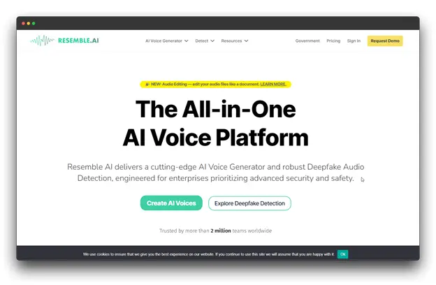 Resemble AI homepage showcasing its all-in-one AI voice platform, offering a cutting-edge AI voice generator and robust deepfake audio detection. Trusted by over 2 million teams worldwide.