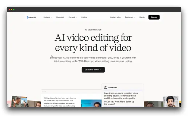 "Screenshot of the Descript homepage, highlighting 'AI video editing for every kind of video.' The text explains that users can direct their AI co-editor for video editing as easily as typing. Keywords: AI Audio-to-Text Converter; Audio-to-Text Converter."