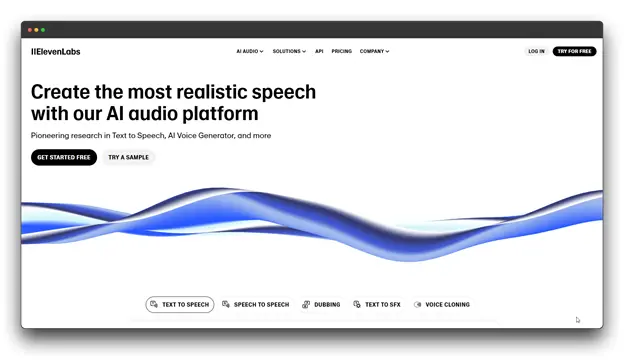 ElevenLabs homepage showcasing its AI audio platform for creating highly realistic speech. It features pioneering research in text-to-speech, AI voice generation, and more, with options to get started for free or try a sample.


