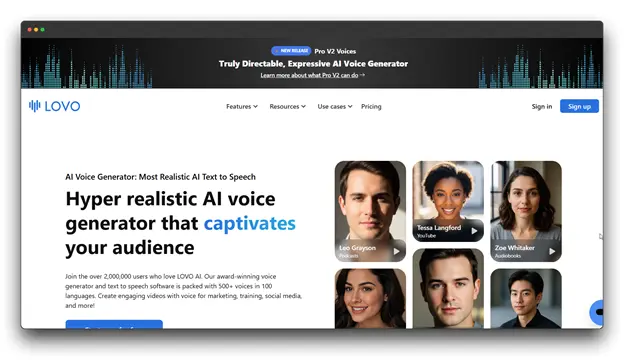 LOVO website screenshot featuring the text "Hyper realistic AI voice generator that captivates your audience," highlighting their service as a leading AI Text to Speech Software Tools provider with diverse voice models.  keywords " AI Text to Speech Software Tools : Best AI Text to Speech Software Tools : AI Text to Speech Software ""