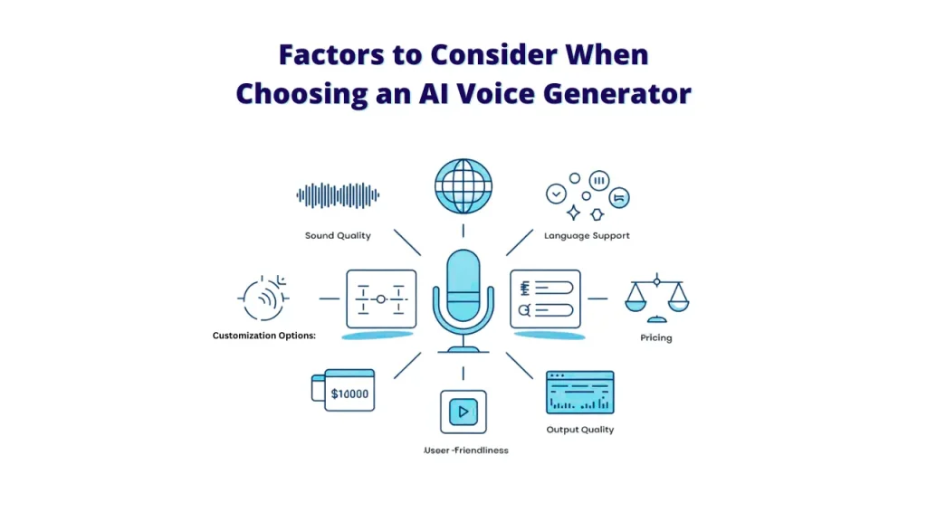 Factors to Consider When Choosing an AI Voice Generator. An infographic with a microphone at the center, connected to icons representing sound quality, language support, customization options, pricing, output quality, and user-friendliness.