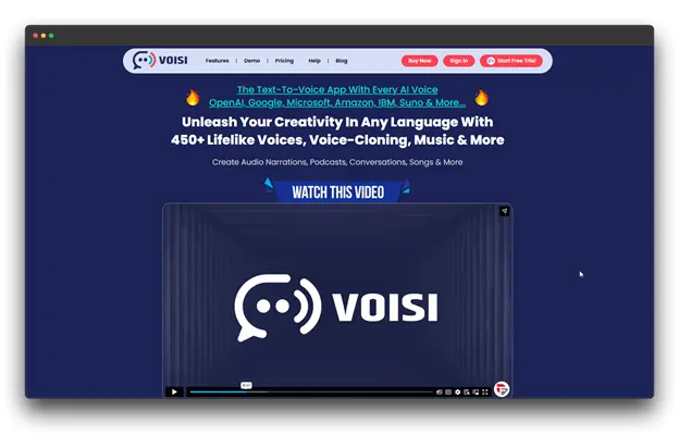 Screenshot of the VOISI Text-to-Voice App homepage. The headline mentions "Voice-Cloning" among other features like 450+ lifelike voices and Text-to-Voice capabilities, positioning VOISI as a Best Voice Cloning Software choice. Voice Cloning Software ; Best Voice Cloning Software; Voice Cloning