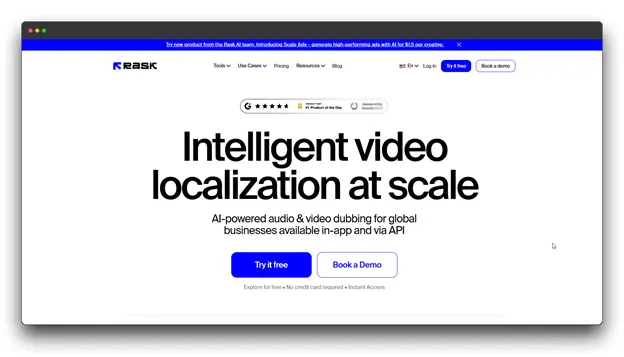Screenshot of the RASK AI website homepage, focused on "Intelligent video localization at scale." The service is described as AI-powered audio & video dubbing, which involves Voice Cloning for global businesses and is a type of Voice Cloning Software. Voice Cloning Software ; Best Voice Cloning Software; Voice Cloning