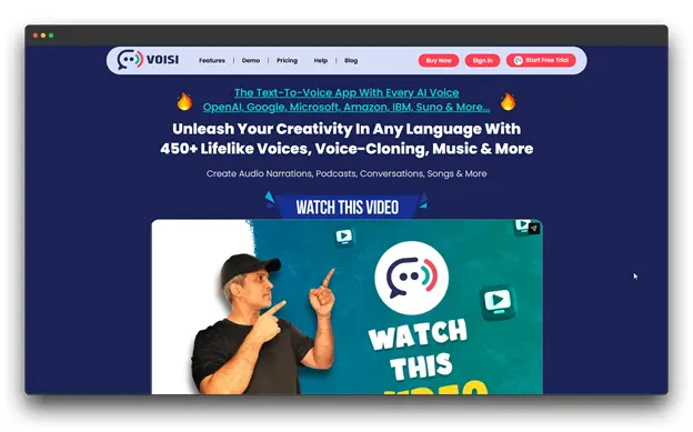 Screenshot of the VOISI homepage, promoting 'The Text-to-Voice App with Every AI Voice.' The headline encourages users to 'Unleash Your Creativity In Any Language With 450+ Lifelike Voices, Voice-Cloning, Music & More.' The image shows a man pointing towards a 'Watch This Video' call to action. Keywords: AI Audio-to-Text Converter; Audio-to-Text Converter."