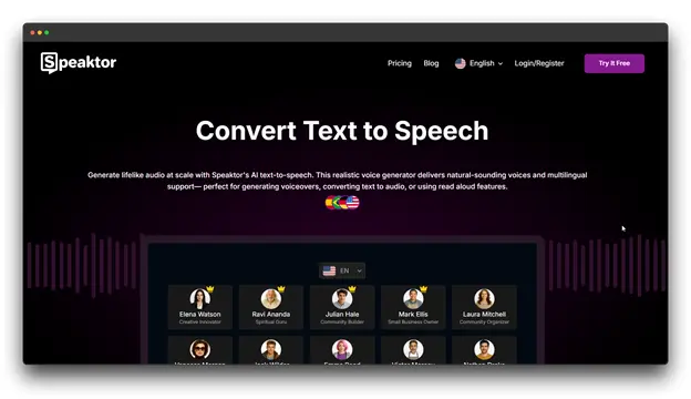 Speaktor website screenshot with the headline "Convert Text to Speech" and a display of various AI voice personas, marketing their AI Text to Speech Software for high-quality, multilingual audio.
keywords " AI Text to Speech Software Tools : Best AI Text to Speech Software Tools : AI Text to Speech Software ""