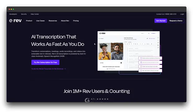 Screenshot of the Rev homepage on a dark background, featuring the title 'AI Transcription That Works As Fast As You Do.' The text mentions transforming recordings into actionable text using Automatic Speech Recognition (ASR). Keywords: AI Audio-to-Text Converter; Audio-to-Text Converter."