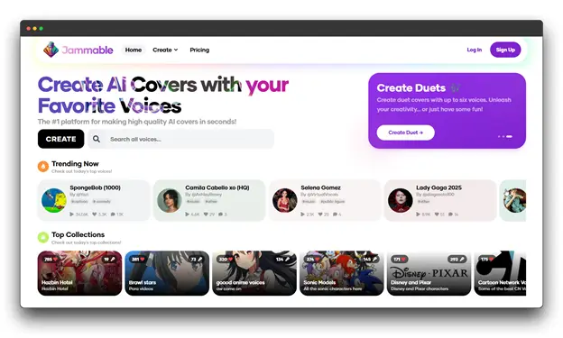 Jammable website screenshot showing the feature "Create AI Covers with your Favorite Voices," which uses technology related to AI Text to Speech Software and voice cloning.
keywords " AI Text to Speech Software Tools : Best AI Text to Speech Software Tools : AI Text to Speech Software ""