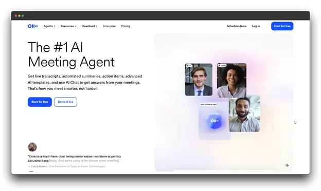 Screenshot of the Otter.ai homepage, featuring the headline 'The #1 AI Meeting Agent.' The page promises live transcripts, automated summaries, and AI Chat, and includes images of three meeting participants. Keywords: AI Audio-to-Text Converter; Audio-to-Text Converter."