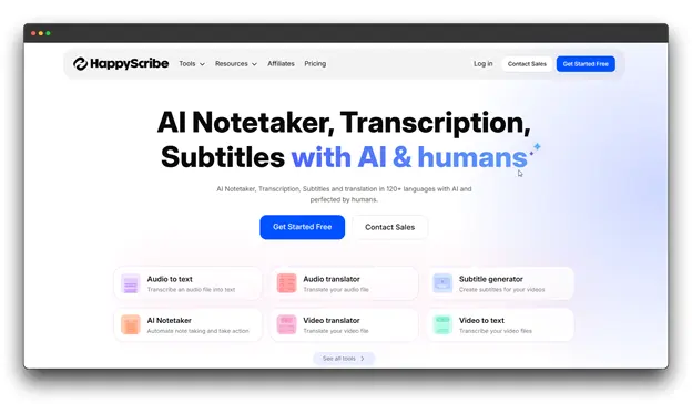 Screenshot of the Happy Scribe homepage, advertising 'AI Notetaker, Transcription, Subtitles with AI & humans.' The page lists tools for Audio to text, Audio translator, Subtitle generator, AI Notetaker, Video translator, and Video to text. Keywords: AI Audio-to-Text Converter; Audio-to-Text Converter."