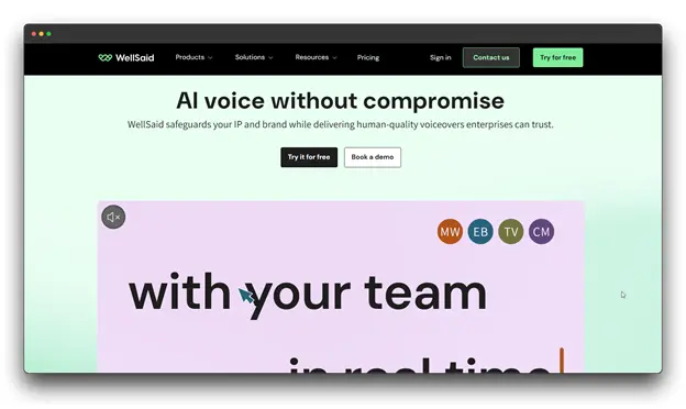 WellSaid website screenshot with the title "AI voice without compromise," promoting their human-quality voiceovers, positioning them as a top AI Text to Speech Software option.
keywords " AI Text to Speech Software Tools : Best AI Text to Speech Software Tools : AI Text to Speech Software ""