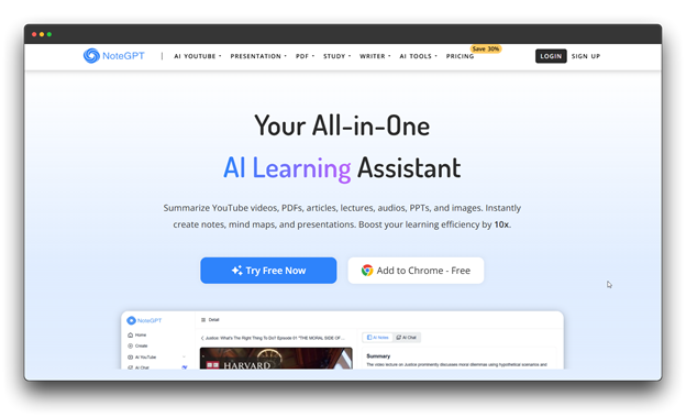 "Screenshot of the NoteGPT homepage, marketing itself as 'Your All-in-One AI Learning Assistant.' The text describes its ability to summarize YouTube videos, PDFs, articles, lectures, audios, PPTs, and images to instantly create notes, mind maps, and presentations. Keywords: AI Audio-to-Text Converter; Audio-to-Text Converter."