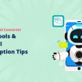 "Title slide promoting 'AI Audio to Text Converter: 8 Best Tools & Essential Transcription Tips.' The image features an animated white and black robot figure standing next to a large smartphone screen displaying text bubbles. Keywords: AI Audio-to-Text Converter; Audio-to-Text Converter."
